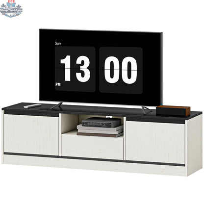 White Palmer TV stand for 55-65 inch TVs by SLOTH Nation, modern living room furniture with sleek design and ample storage space.