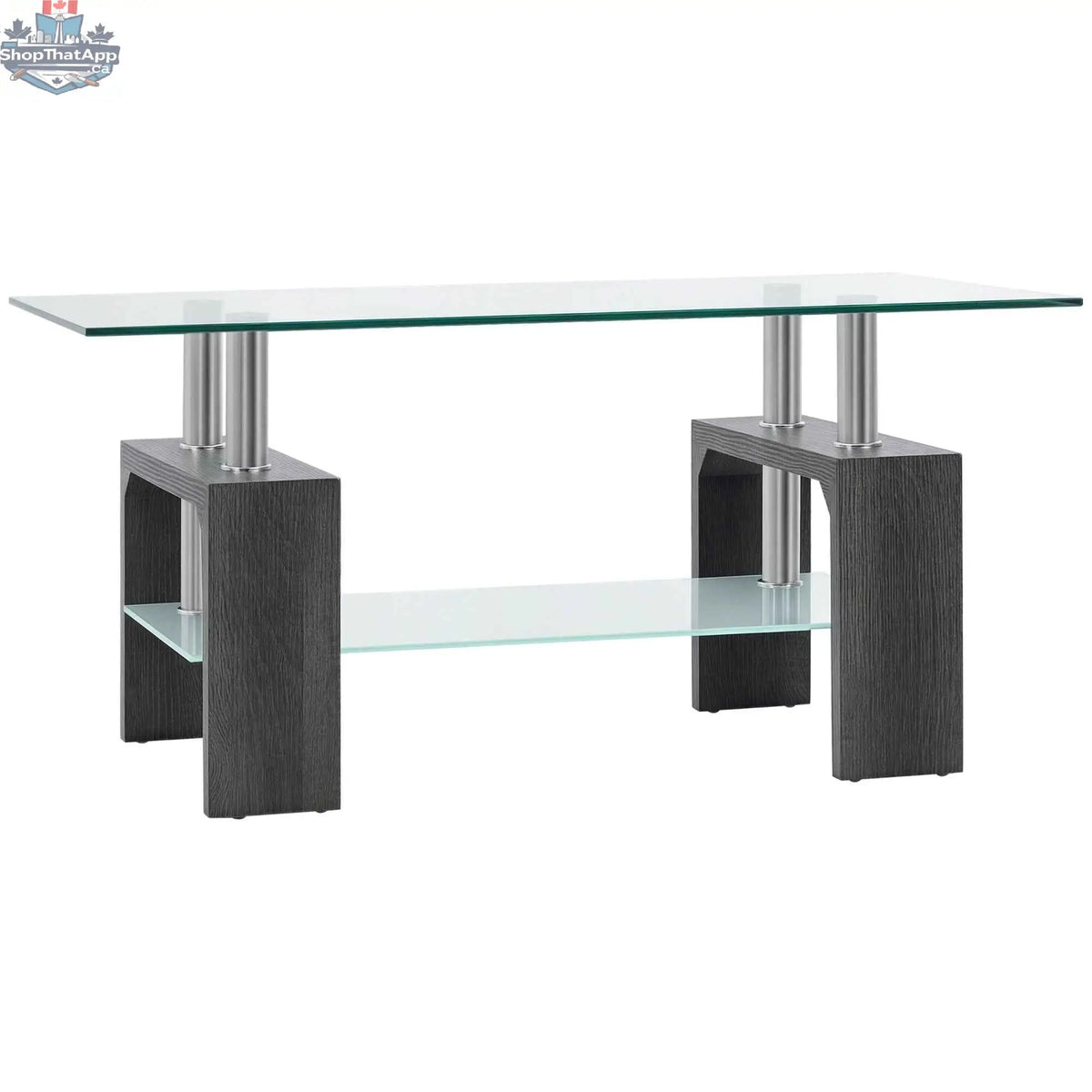 Sutton glass coffee table with tempered grey glass top and sleek metal legs, modern furniture by SLOTH Nation.