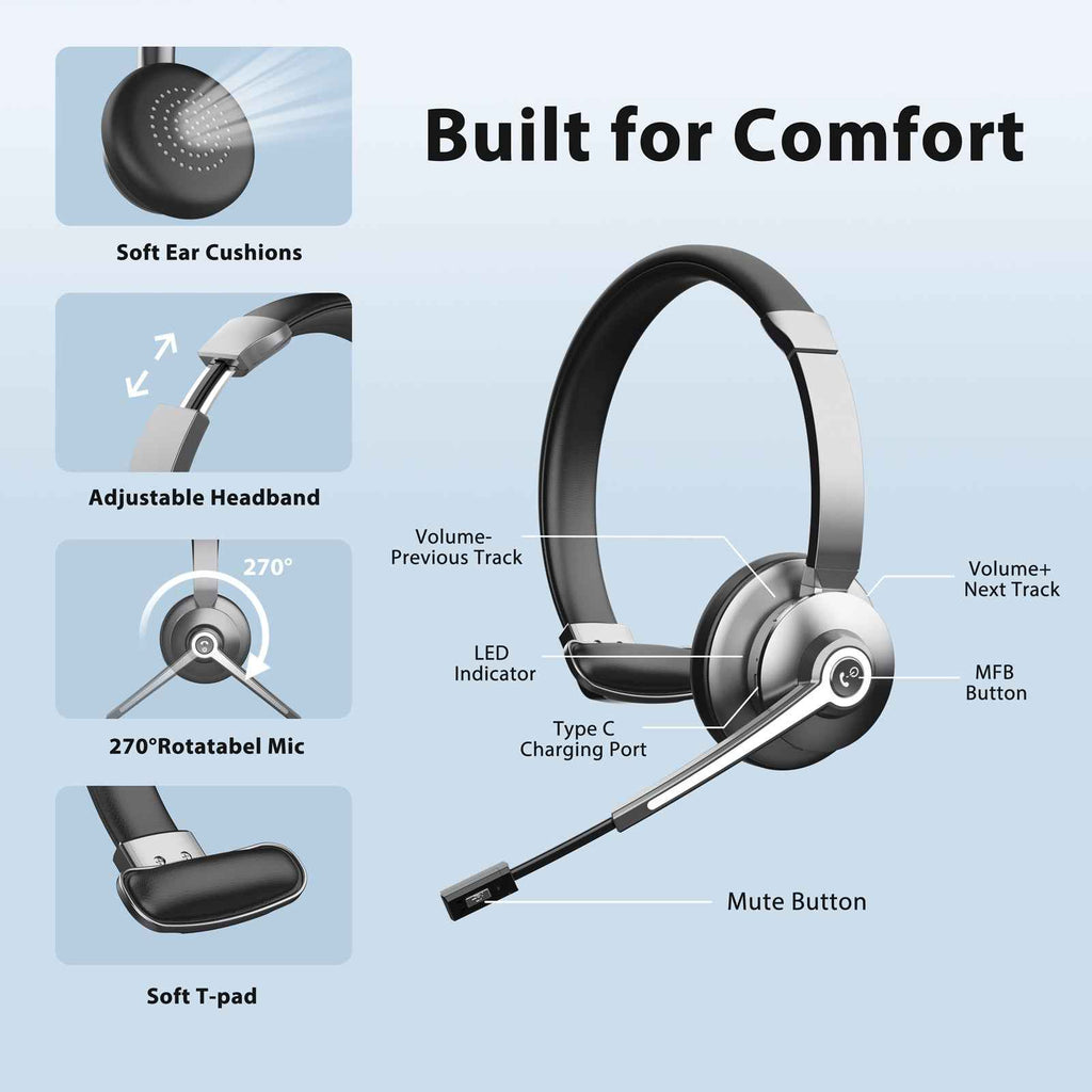 ProComm™ Professional Bluetooth Headset for Microsoft Teams & Call Centers – Wireless Headset with Noise-Cancelling Microphone, USB Dongle & Charging Base – Office, VoIP & Trucker Use
