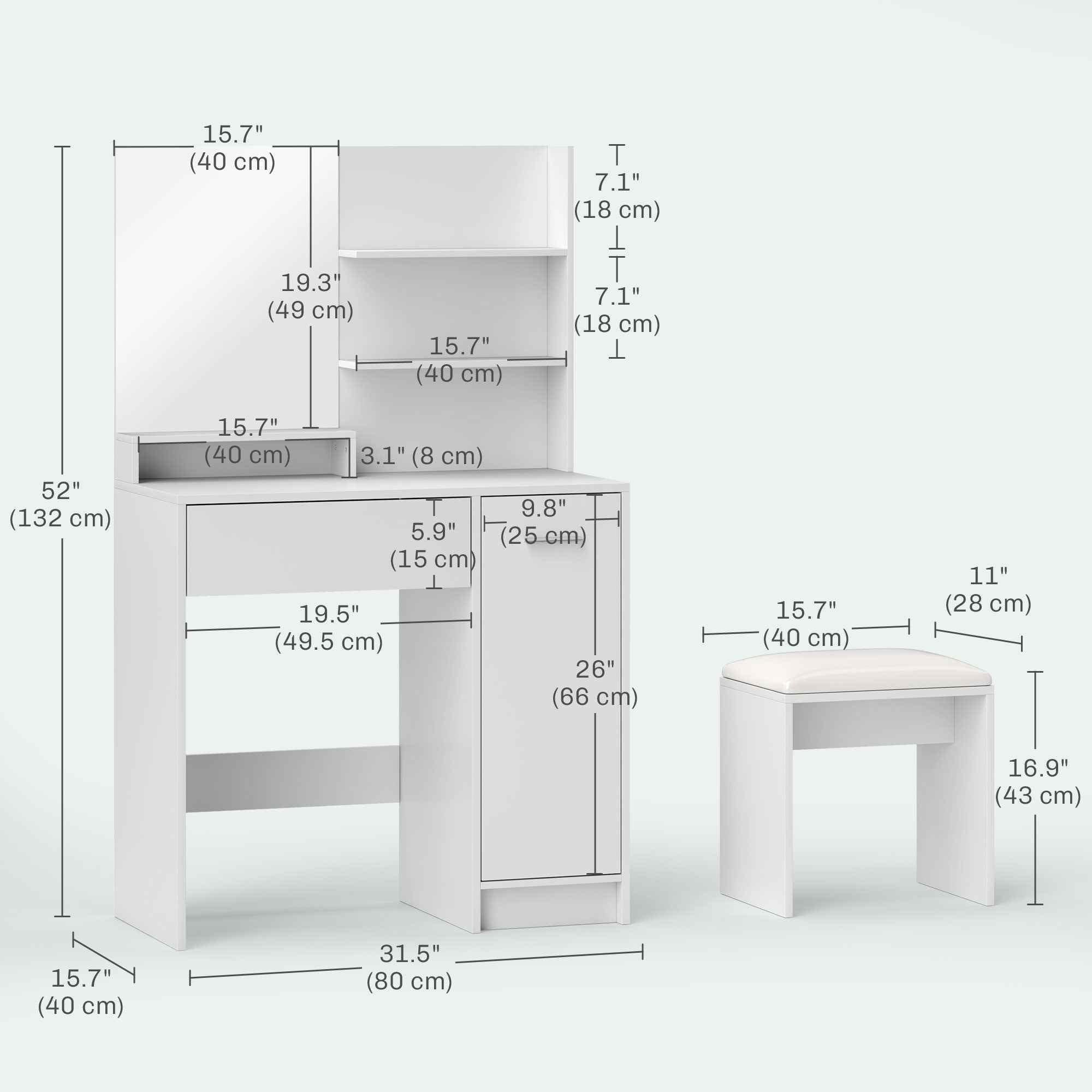 Elise Makeup Vanity Set with Mirror, Stool and Adjustable Shelves-White