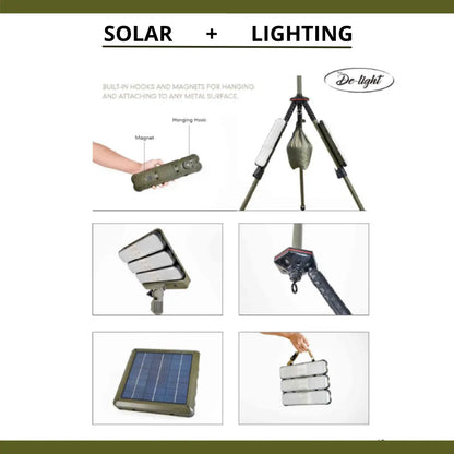 Zoppinh TRU De-LIGHT WORK&PLAY AT NIGHT solar flood light with high lumen LED, multi-configuration outdoor lighting setup.