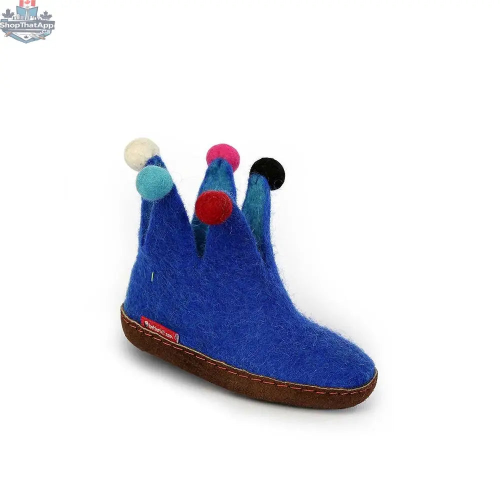 The Jester Felted Wool Slippers for Kids – Blue with Suede Leather Sole - Shopthatapp.ca