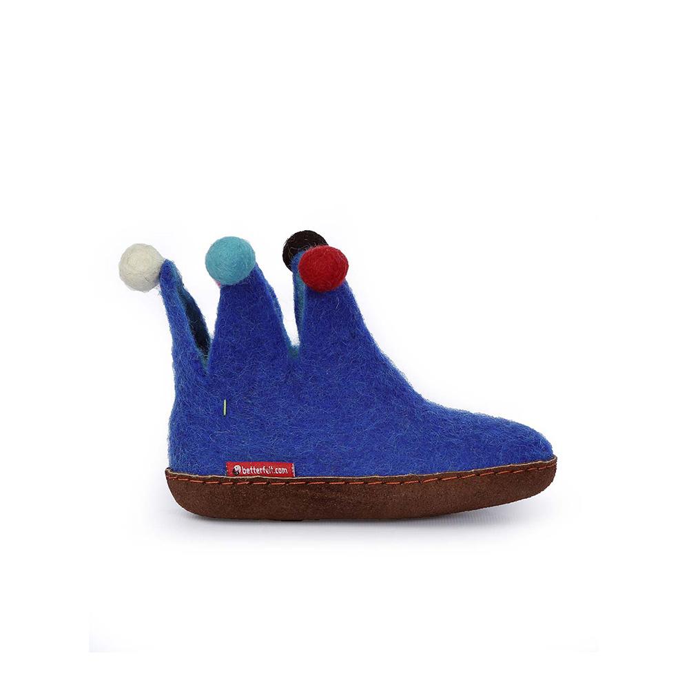 The Jester Felted Wool Slippers for Kids – Blue with Suede Leather Sole