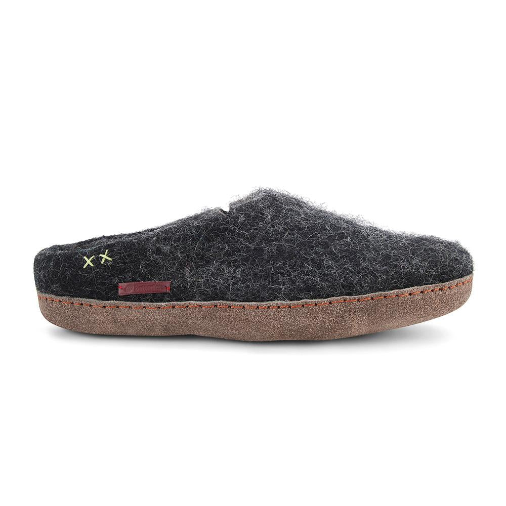 Classic Black Felted Wool Slippers with Suede Sole