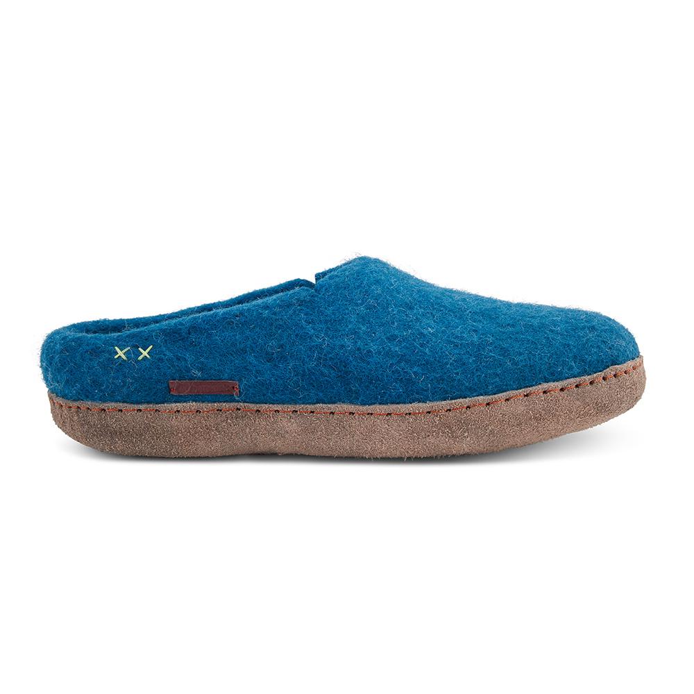 Classic Wool Slippers for Comfort: Steel Blue & Leather Design