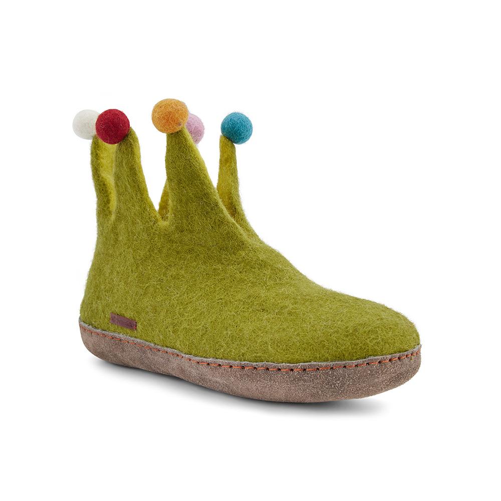 The Jester Felted Wool Slippers – Lime Green, Suede Sole