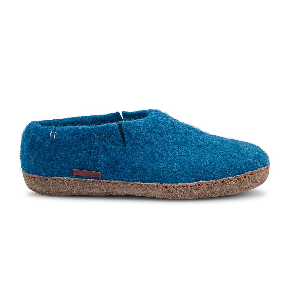 Cozy Wool Felt Slippers – Steel Blue with Suede Leather Sole