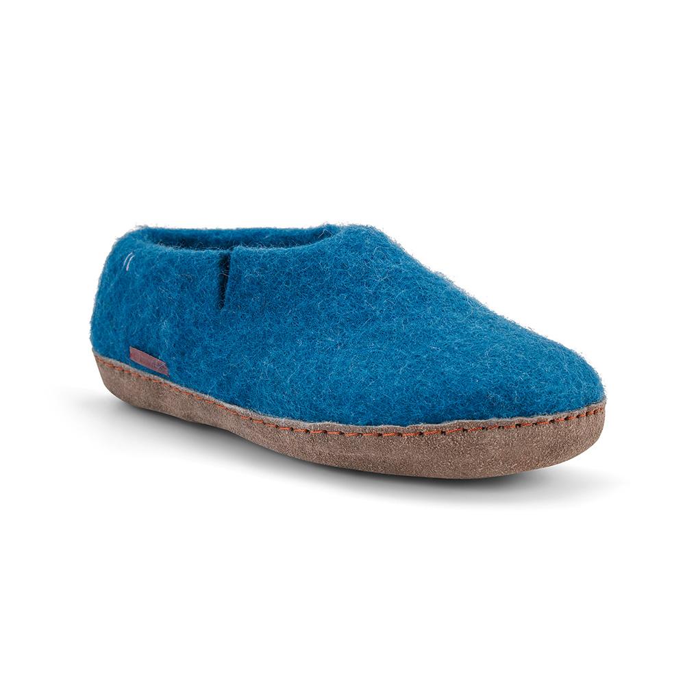 Cozy Wool Felt Slippers – Steel Blue with Suede Leather Sole