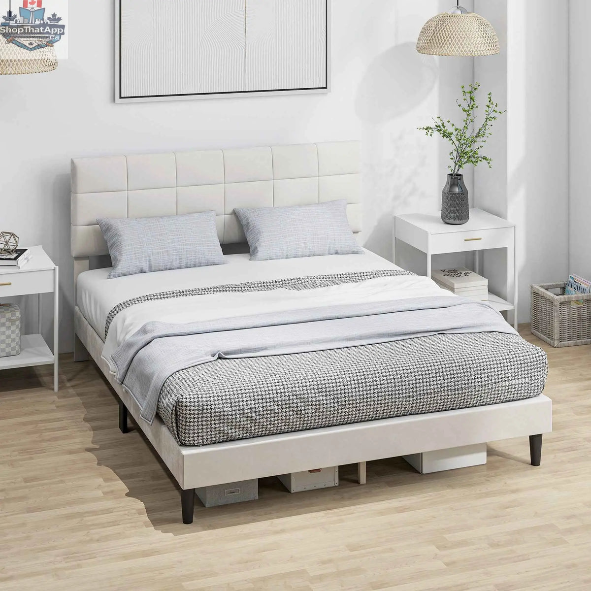 Cream white Harper queen size bed frame with upholstered headboard by SLOTH Nation, showcasing a modern bedroom furniture design.