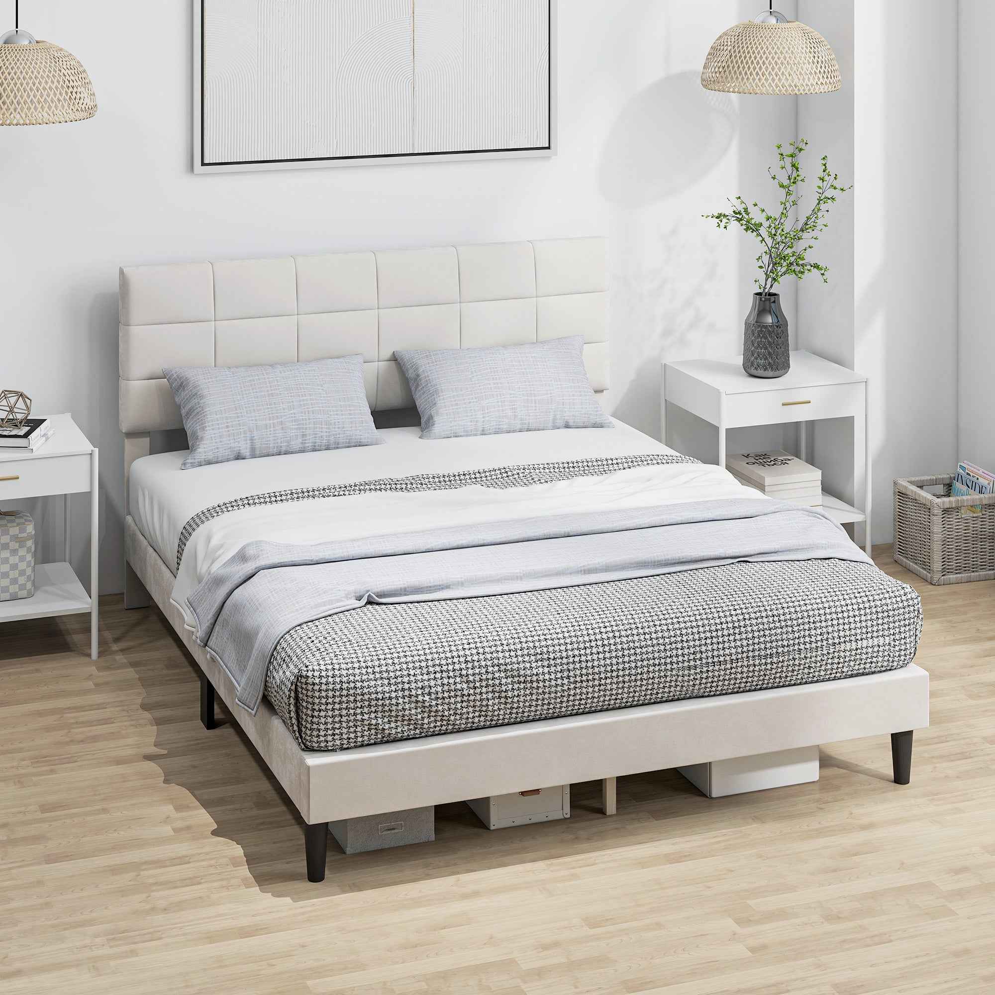 Harper Queen Size Bed Frame with Upholstered Headboard-Cream White