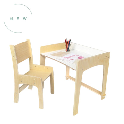 Birch natural LUMEN big kid desk and chair by Sapiens Child, adjustable height study furniture for growing children.