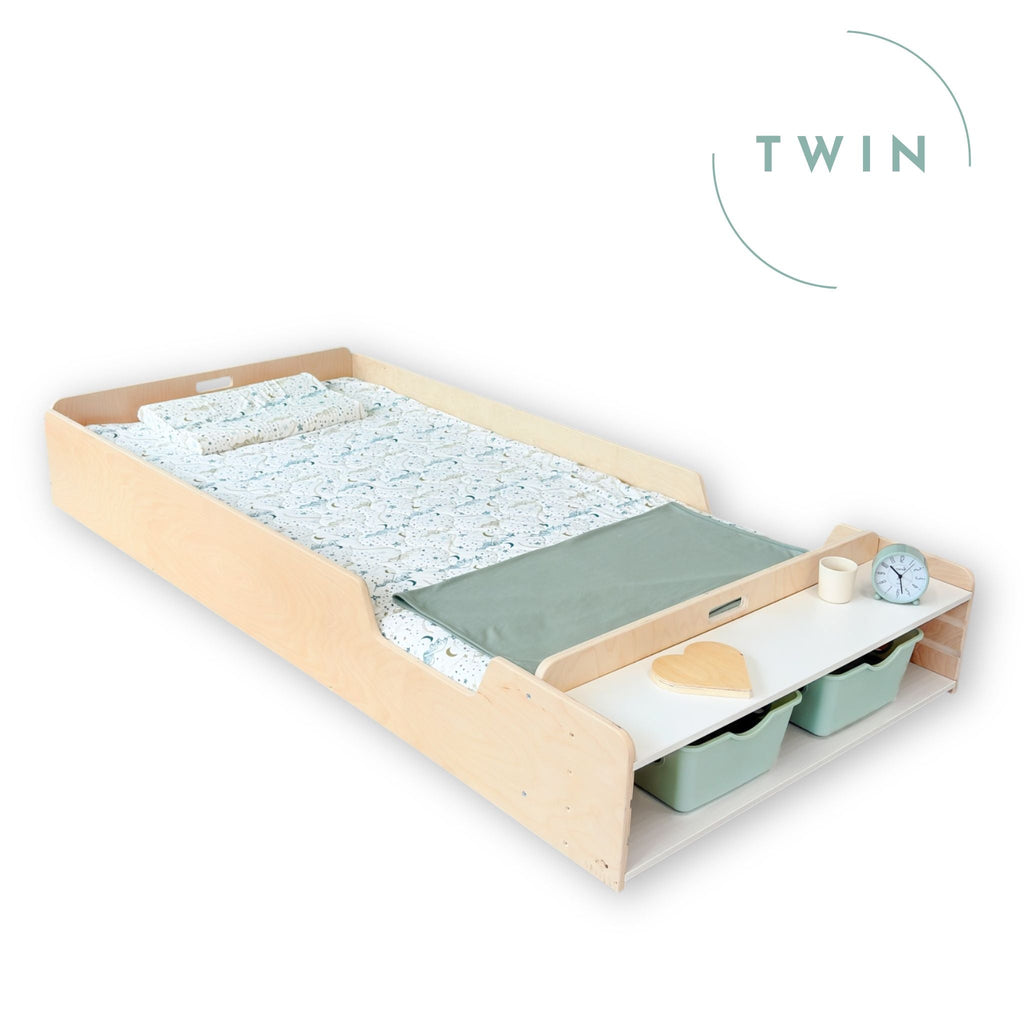 APPLE TWIN - Montessori Floor Bed with Rails & Shelves - Shopthatapp.ca