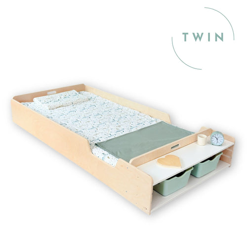 APPLE TWIN - Montessori Floor Bed with Rails & Shelves - Shopthatapp.ca