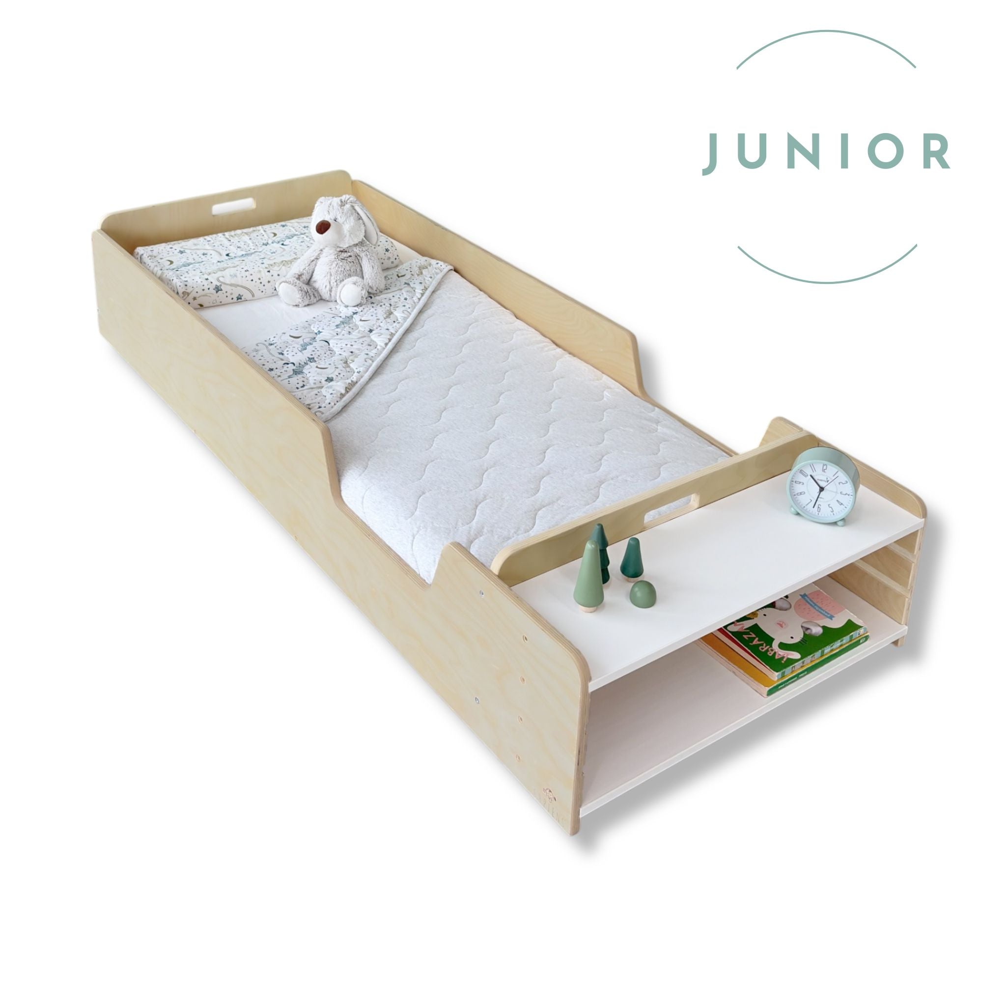 APPLE JUNIOR - Montessori Floor Bed with Rails & Shelves - Shopthatapp.ca