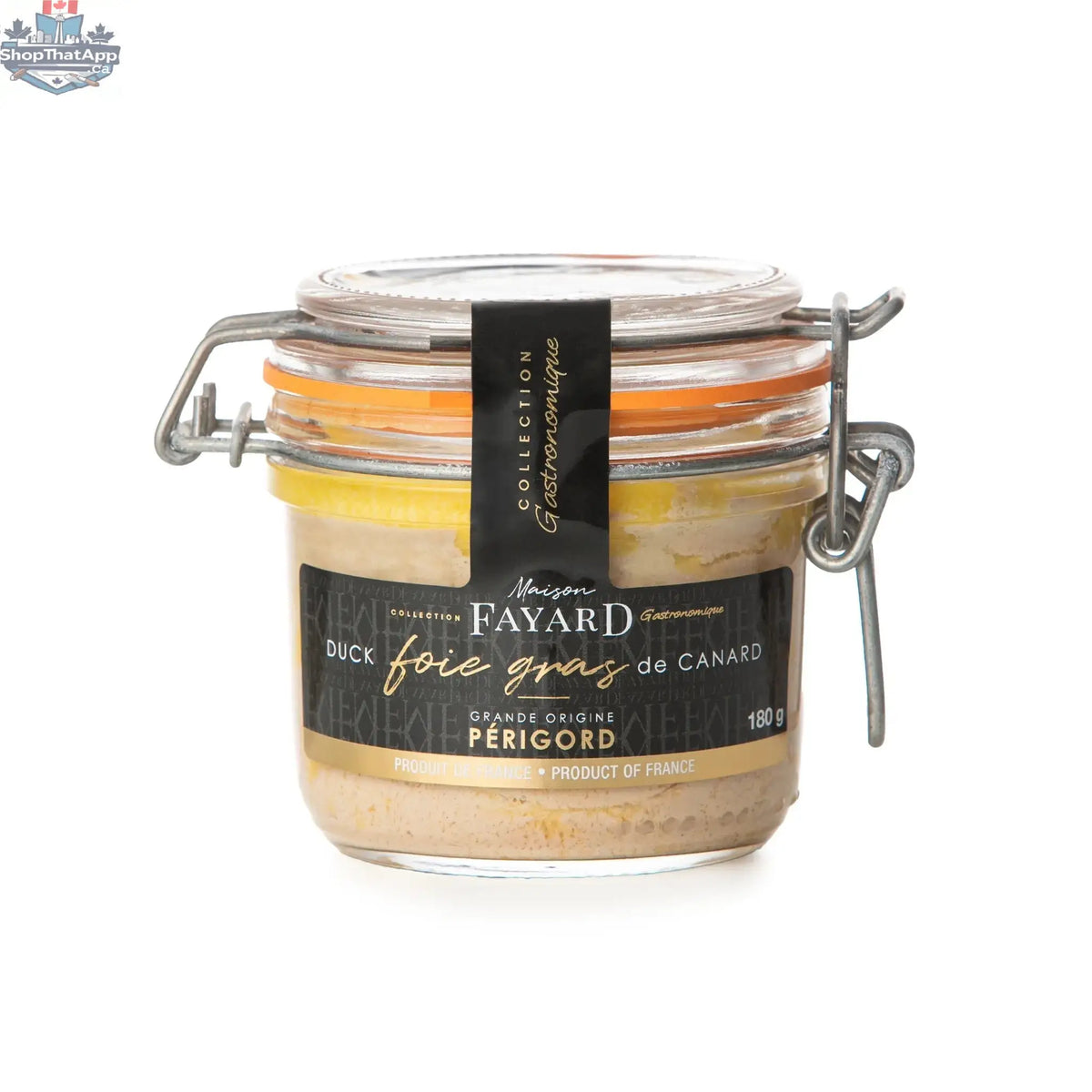 Slice of Maison Fayard Périgord duck foie gras block in a glass jar, showcasing rich, smooth foie gras product.