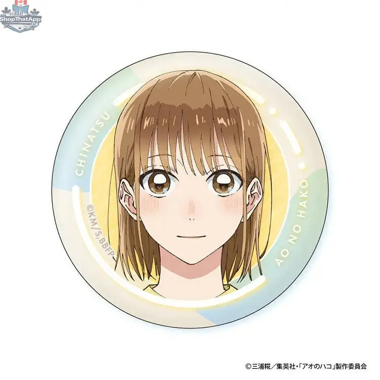 Blue box anime merch can badge featuring Chinatsu's face from the Doki Doki Land collection, with colorful cartoon-style artwork.