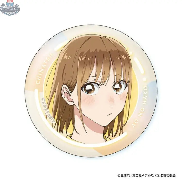 Blue Box Anime merch Chinatsu face can badge from Doki Doki Land, featuring a colorful cartoon-style illustration of Chinatsu's face.