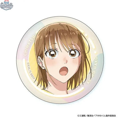 Blue Box Anime merch Chinatsu face can badge from Doki Doki Land featuring a colorful cartoon illustration on a round collectible badge.