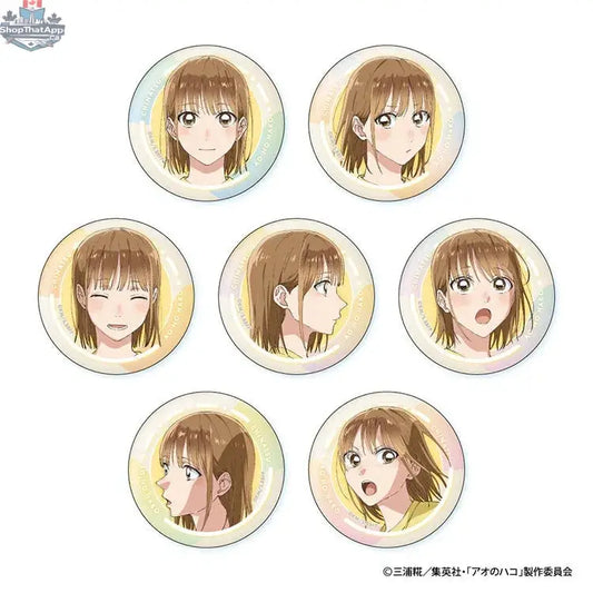 Blue box anime merchandise featuring Chinatsu face can badge from Doki Doki Land, collectible anime accessory with colorful design.