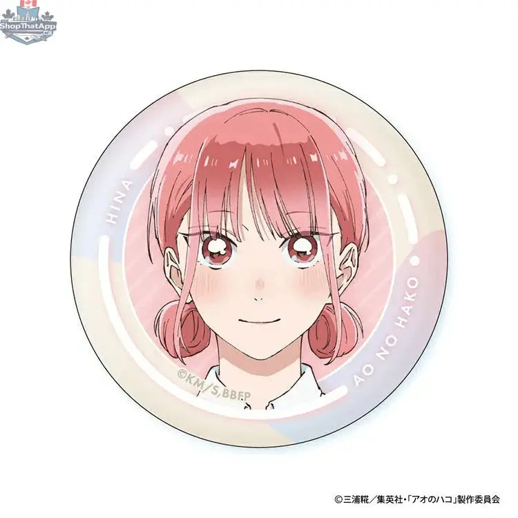 Blue Box Anime Can Badge featuring Hina face from Doki Doki Land, collectible enamel pin with a blue background and detailed character illustration.