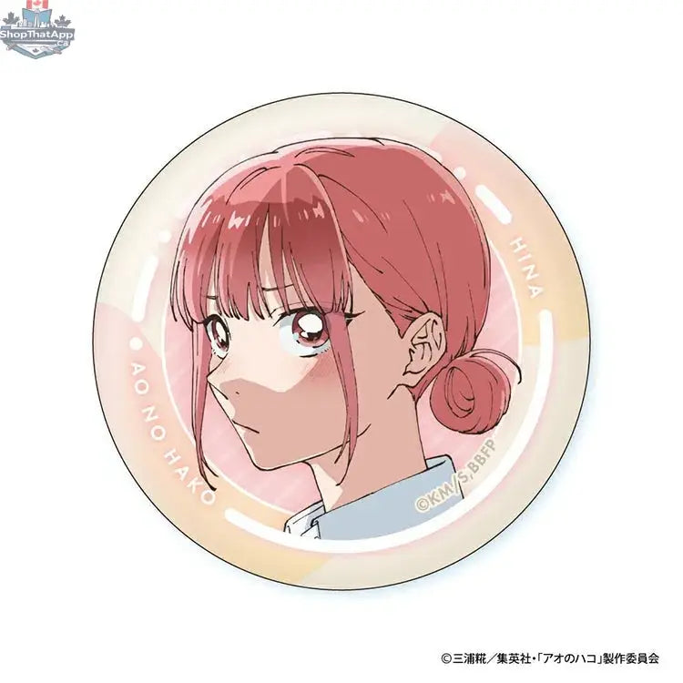Blue Box Anime Can Badge featuring Hina's face from the Doki Doki Land collection, collectible anime badge with vibrant blue background.