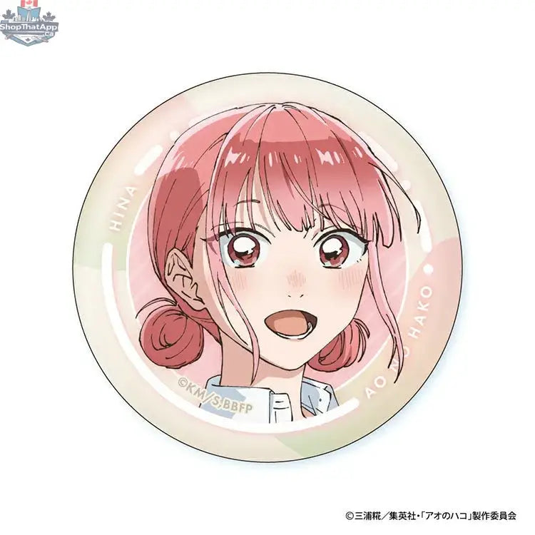 Blue box anime can badge featuring Hina's face from the Doki Doki Land Hina Face Collection, collectible anime merchandise.