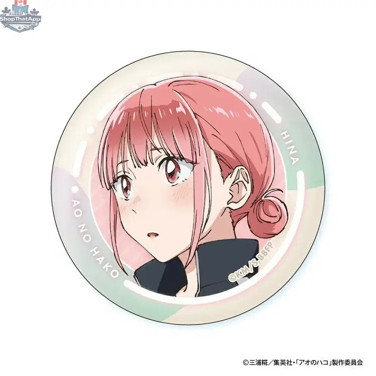 Blue box anime can badge featuring Hina face from Doki Doki Land's collectible Hina Face Collection.