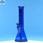 Blue 14-inch beaker bong by Castle Glassworks with heavy-duty electroplated glass, showcased against a blue background.