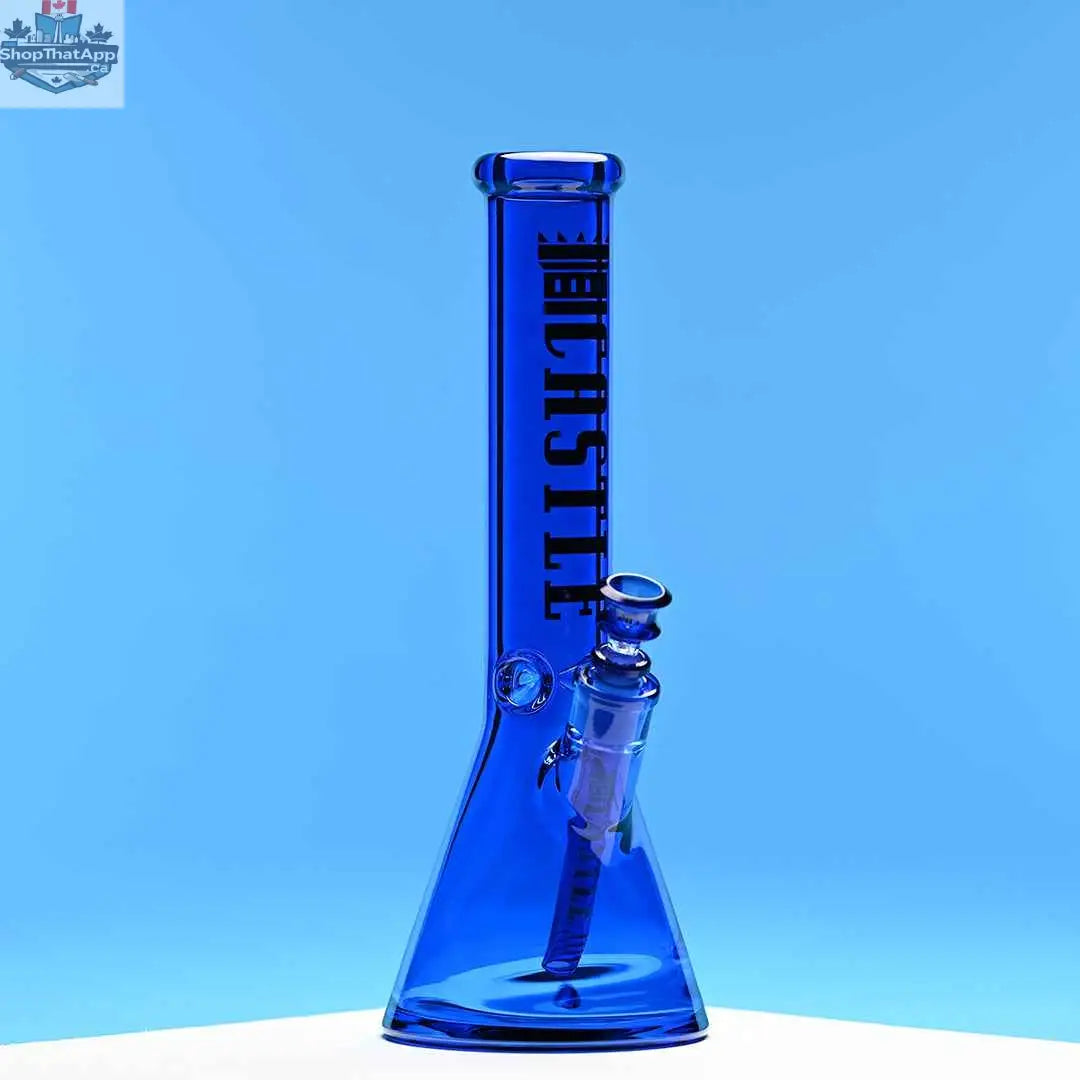 Blue 14-inch beaker bong by Castle Glassworks with heavy-duty 7mm electroplated glass and a vibrant blue background.
