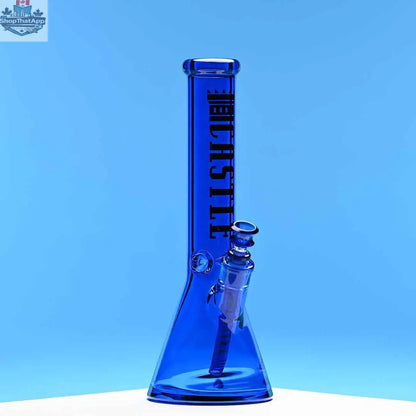 Blue 14-inch beaker bong by Castle Glassworks with heavy-duty 7mm electroplated glass and a vibrant blue background.