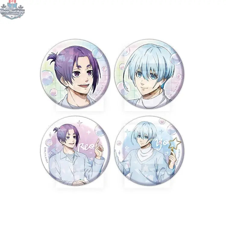 Blue Lock anime badge featuring soap bubbles design, hologram tin collectible by Doki Doki Land, with vibrant blue and holographic details.