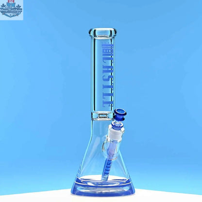 Castle Glassworks 14-inch beaker bong with blue logo, featuring a 9-hole downstem and vibrant blue background.
