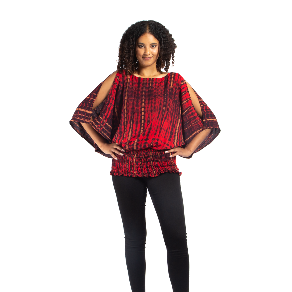 Split Shoulder Tie-Dye Top with Bone Motif - Shopthatapp.ca