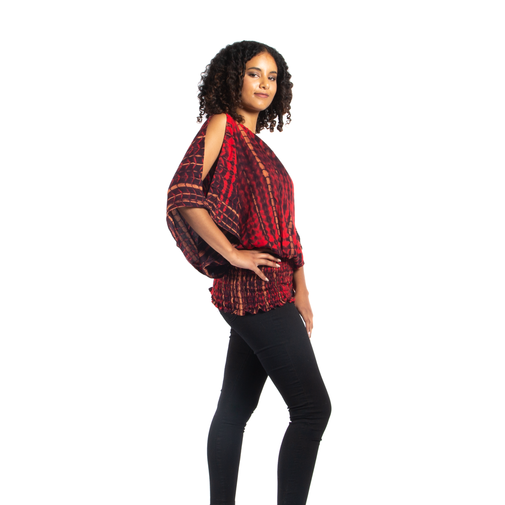 Split Shoulder Tie-Dye Top with Bone Motif - Shopthatapp.ca