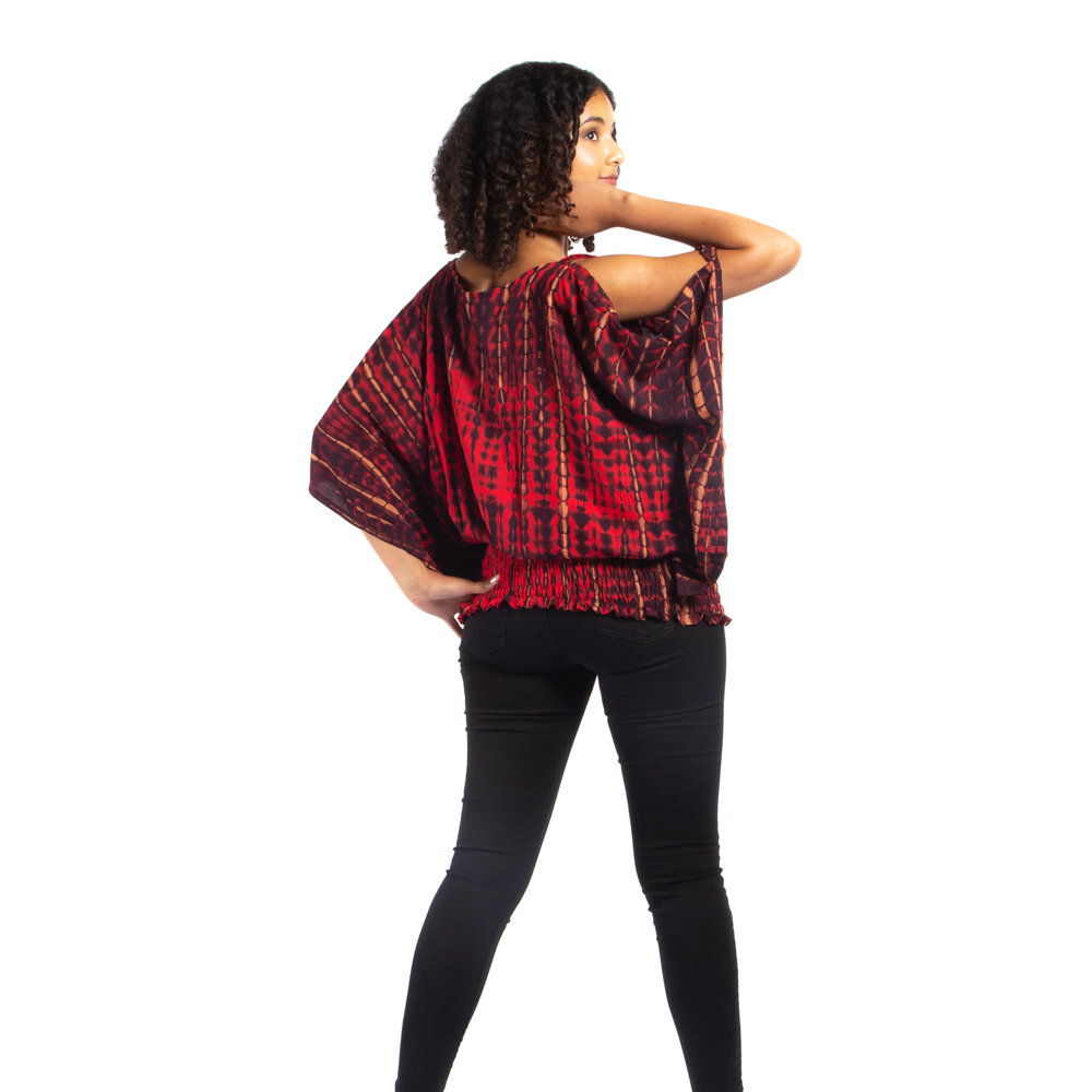 Split Shoulder Tie-Dye Top with Bone Motif - Shopthatapp.ca