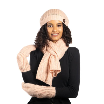 Blue knit hat with button detail from Suzie Blue Canada, featuring a simple, cozy design perfect for casual wear.