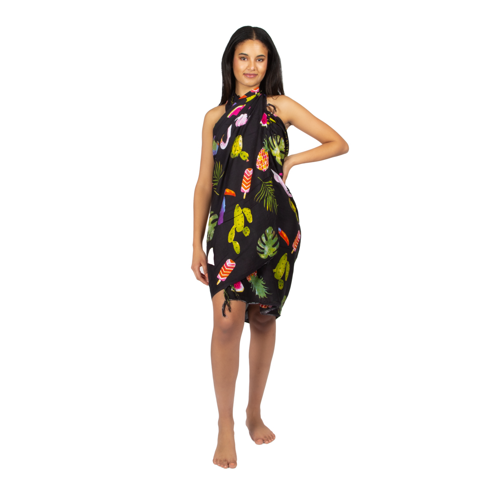 Flamingo Print Sarong - Black Fruit Design - Shopthatapp.ca