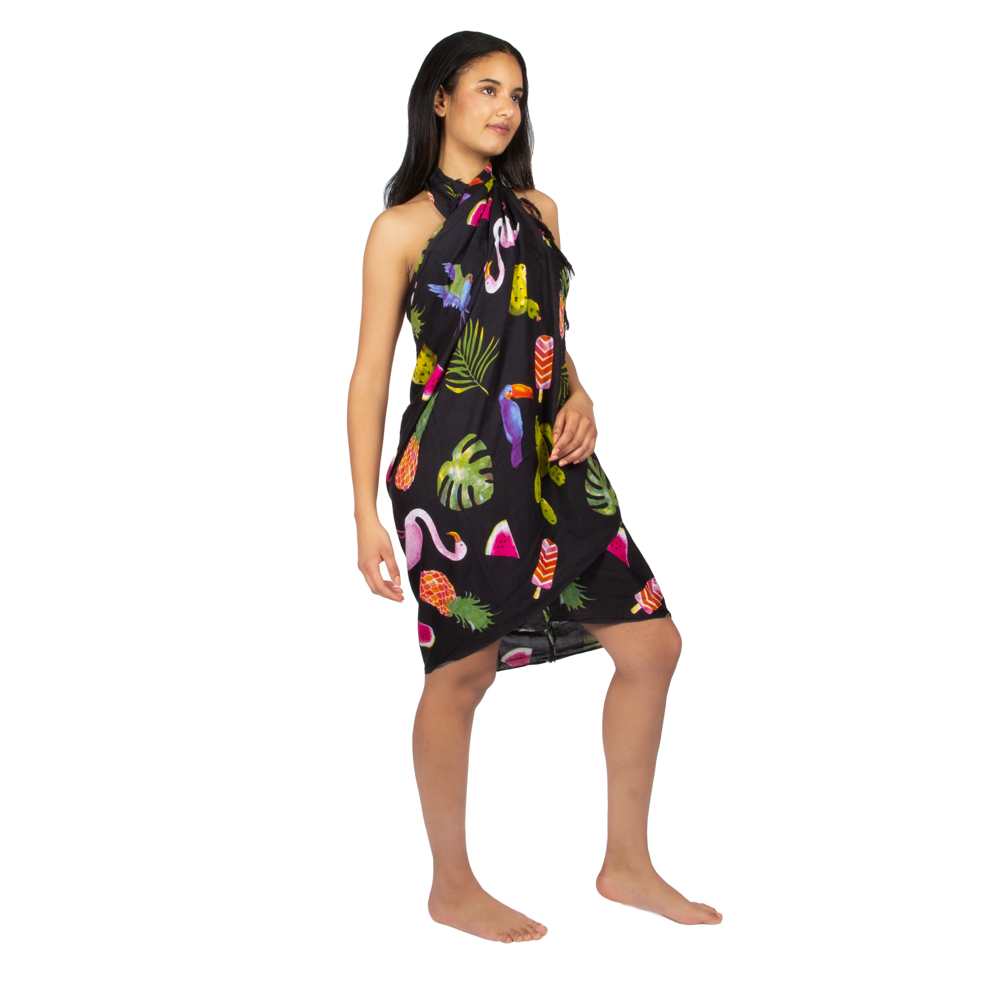 Flamingo Print Sarong - Black Fruit Design - Shopthatapp.ca
