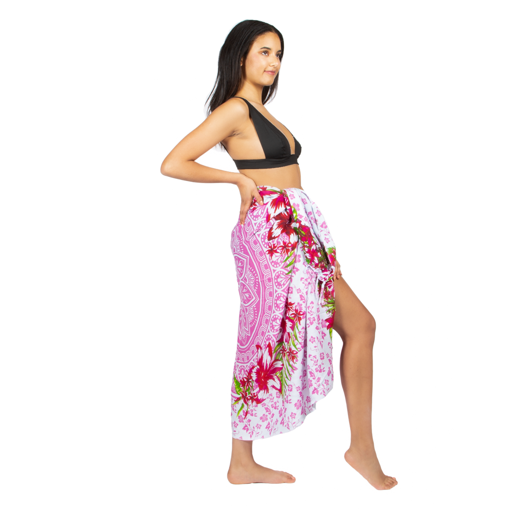 Mandala & Flower Print Sarong - Pink with Purple Tie Dye Bandana Accent - Shopthatapp.ca