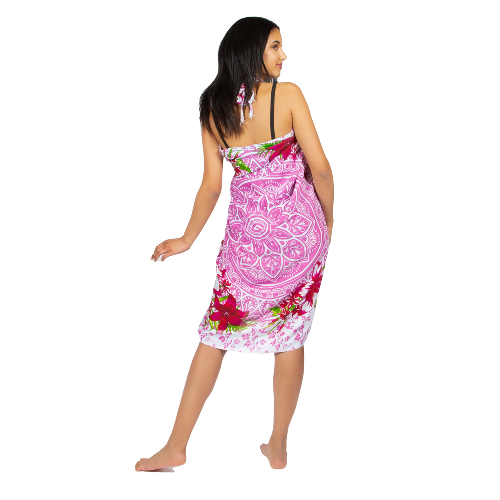 Mandala & Flower Print Sarong - Pink with Purple Tie Dye Bandana Accent - Shopthatapp.ca