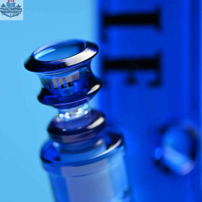 Blue 14-inch beaker bong by Castle Glassworks with heavy-duty electroplated glass and a close-up view of the bowl.