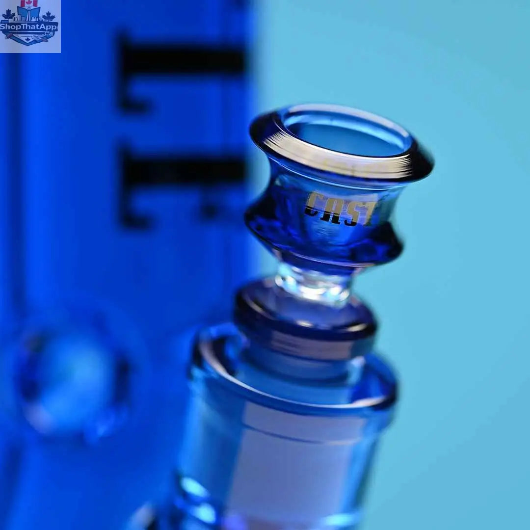 Close-up of Castle Glassworks 14-inch blue electroplated beaker bong with a sturdy 7mm glass and removable bowl.