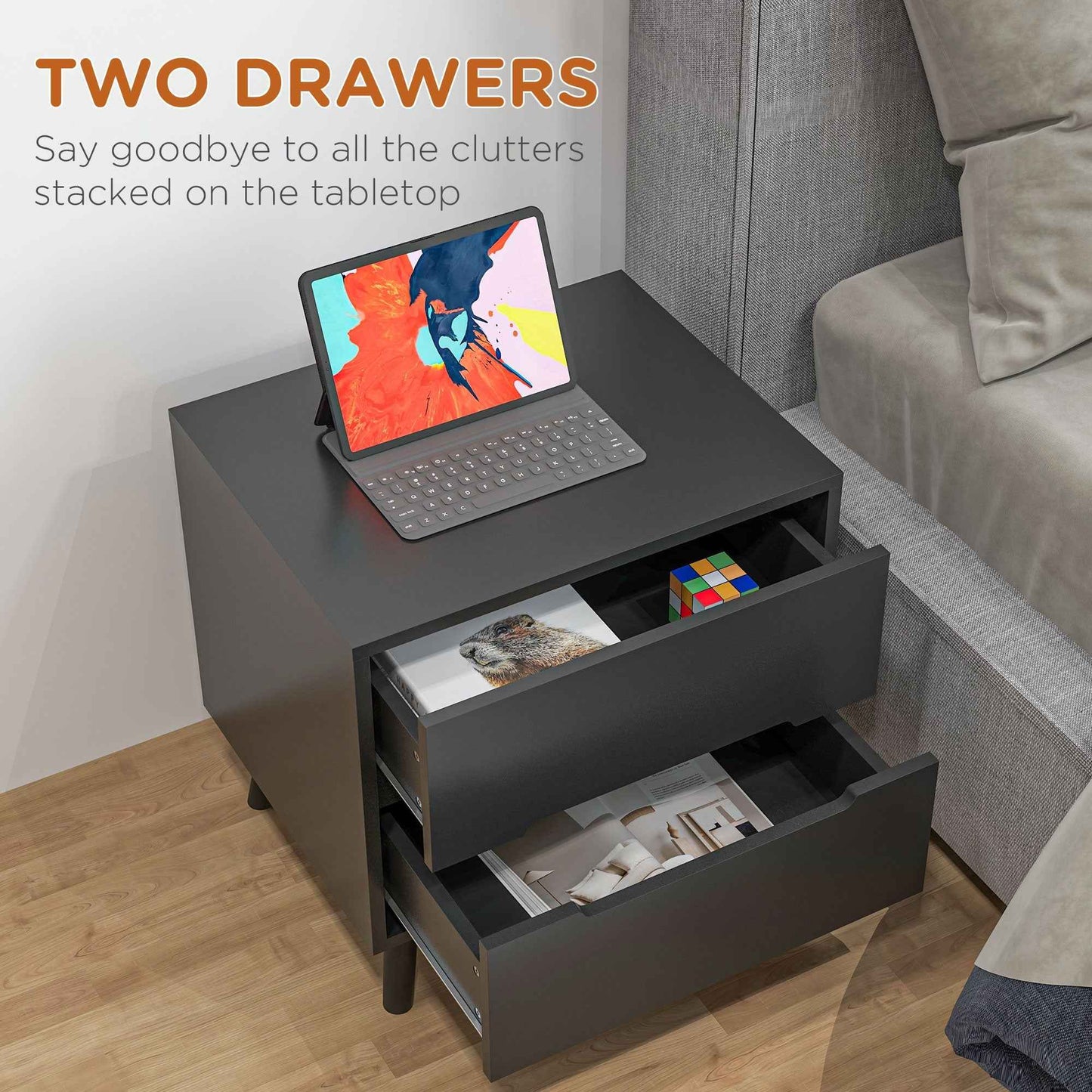 Willow Modern Nightstand/End Table with 2 Drawers-Black