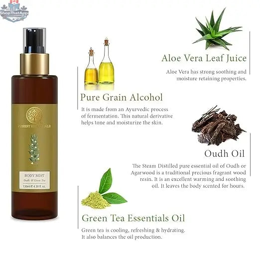 Forest Essentials Oudh Green Tea Body Mist by Prithvi Mart, featuring a sleek spray bottle with green tea and oudh scent for all-day freshness.