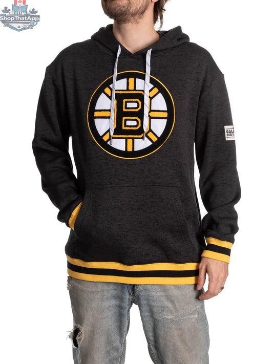 Black Boston Bruins hoodie by Calhoun Surf N' Skate featuring team logo and design, displayed on a hanger.