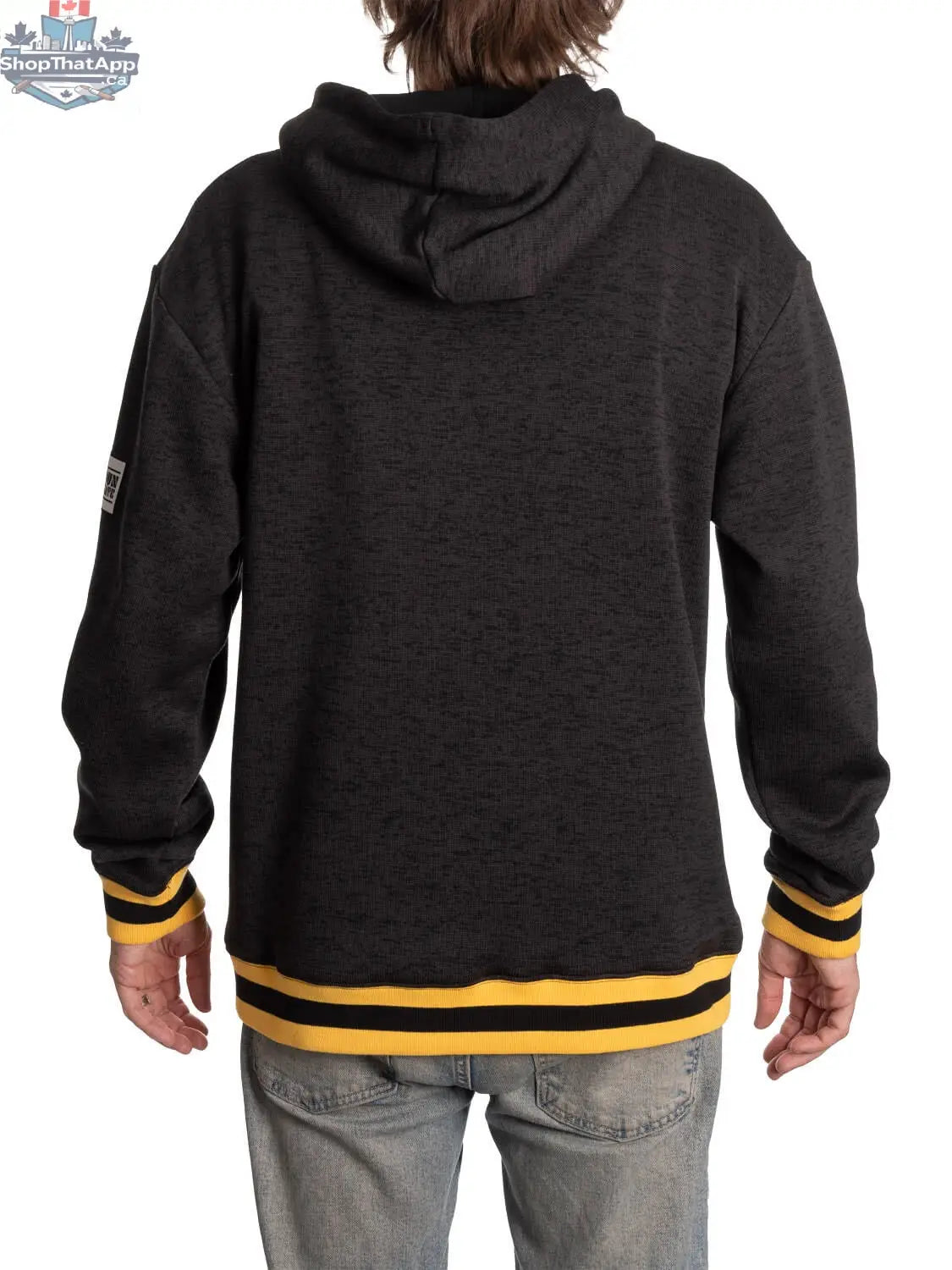 Black Boston Bruins hoodie by Calhoun Surf N' Skate, Muskoka Black Edition, showing the back with team logo and design details.