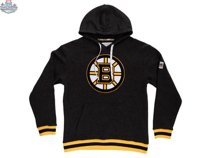 Black Boston Bruins hoodie by Calhoun Surf N' Skate with team logo, laid flat showing front design and soft fabric texture.