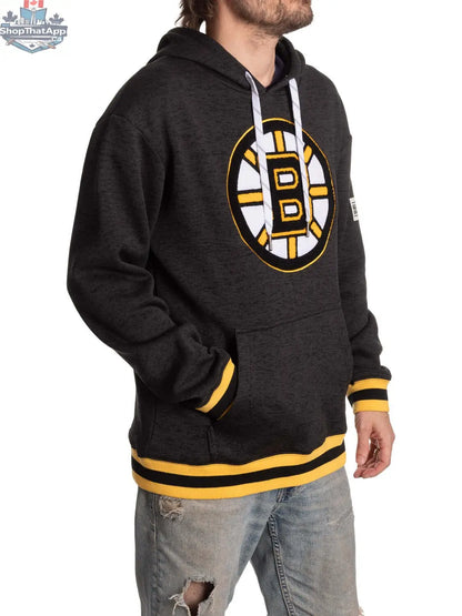 Calhoun Surf N' Skate Boston Bruins Muskoka Black Edition hoodie shown from the side, featuring team logo and black fabric.