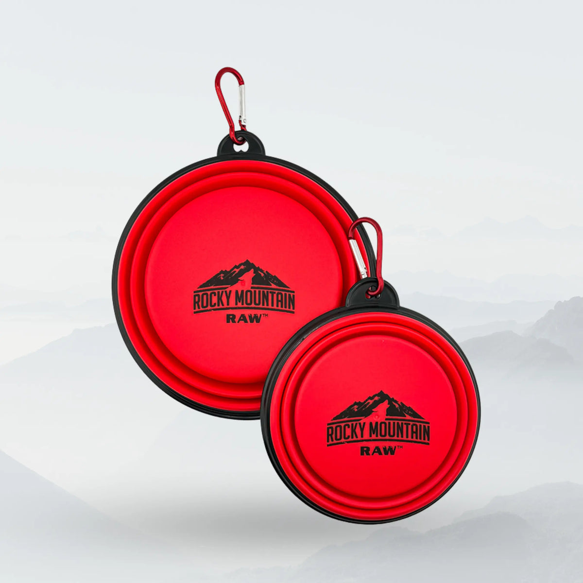 Red foldable dog bowl from ROCKY MOUNTAIN RAW, lightweight and portable for travel, ideal for feeding dogs on the go.