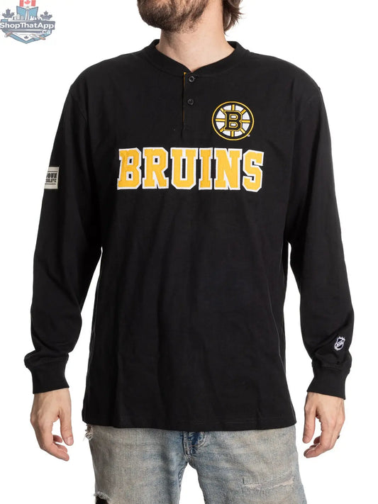 Boston Bruins long sleeve henley shirt by Calhoun Surf N' Skate featuring team logo and classic fan apparel design.